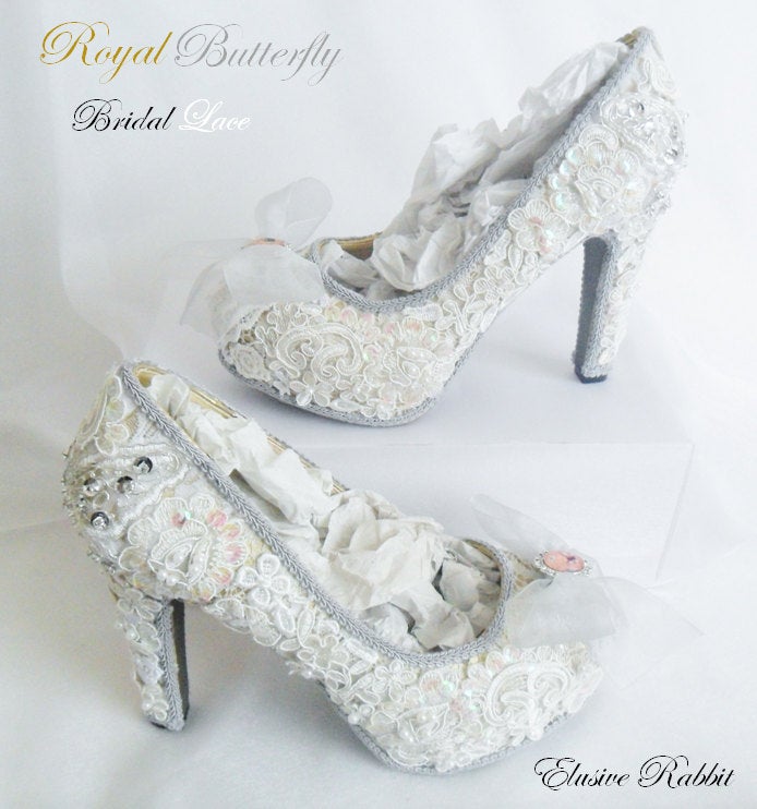 Royal Butterfly Bridal Heels Lace Sequin Fabric Custom Heel Ribbon