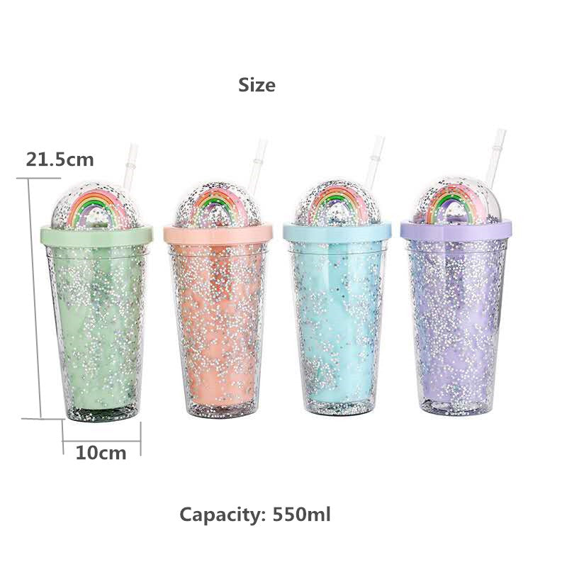 550ml Rainbow Plastic Water Bottle Double Layer Sequins Drinking Cup With  Straw Women Girl Gift